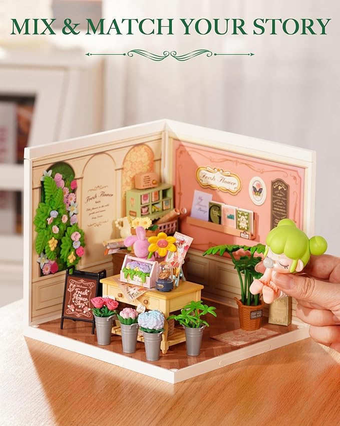 DIY Mini Fresh Flower Shop Dollhouse House Kit, Bulid Scenary for Action Collectible Figures
